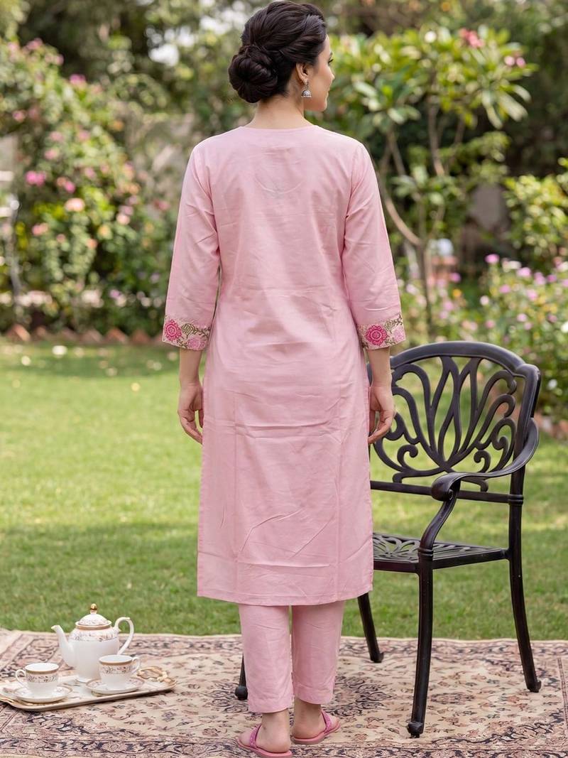 Women Floral Embroidered Regular Mirror Work Pure Cotton Kurta with Trousers