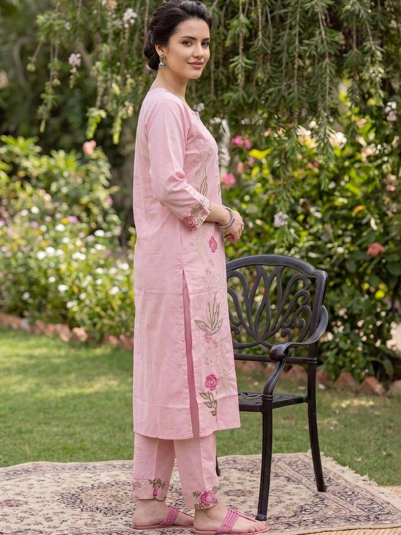 Women Floral Embroidered Regular Mirror Work Pure Cotton Kurta with Trousers