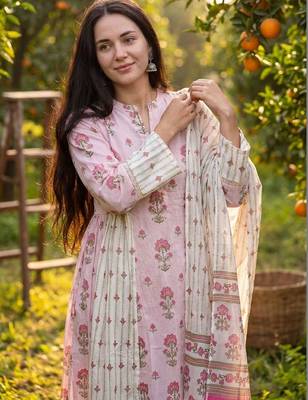 Women Floral Printed Regular Beads and Stones Pure Cotton Kurta with Trousers & With Dupatta 1