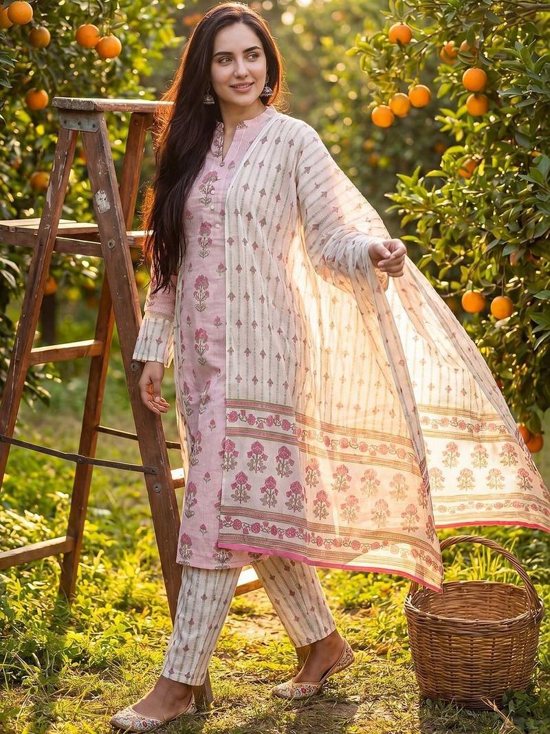 Women Floral Printed Regular Beads and Stones Pure Cotton Kurta with Trousers & With Dupatta