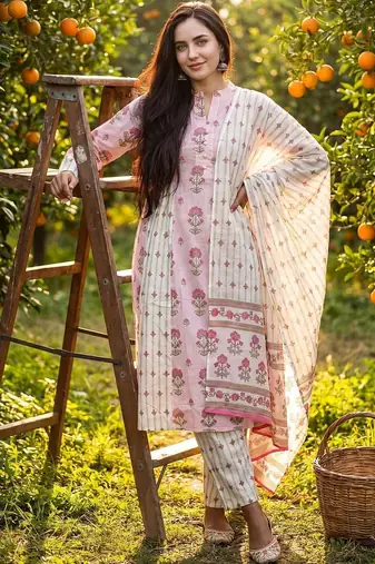Women Floral Printed Regular Beads and Stones Pure Cotton Kurta with Trousers & With Dupatta