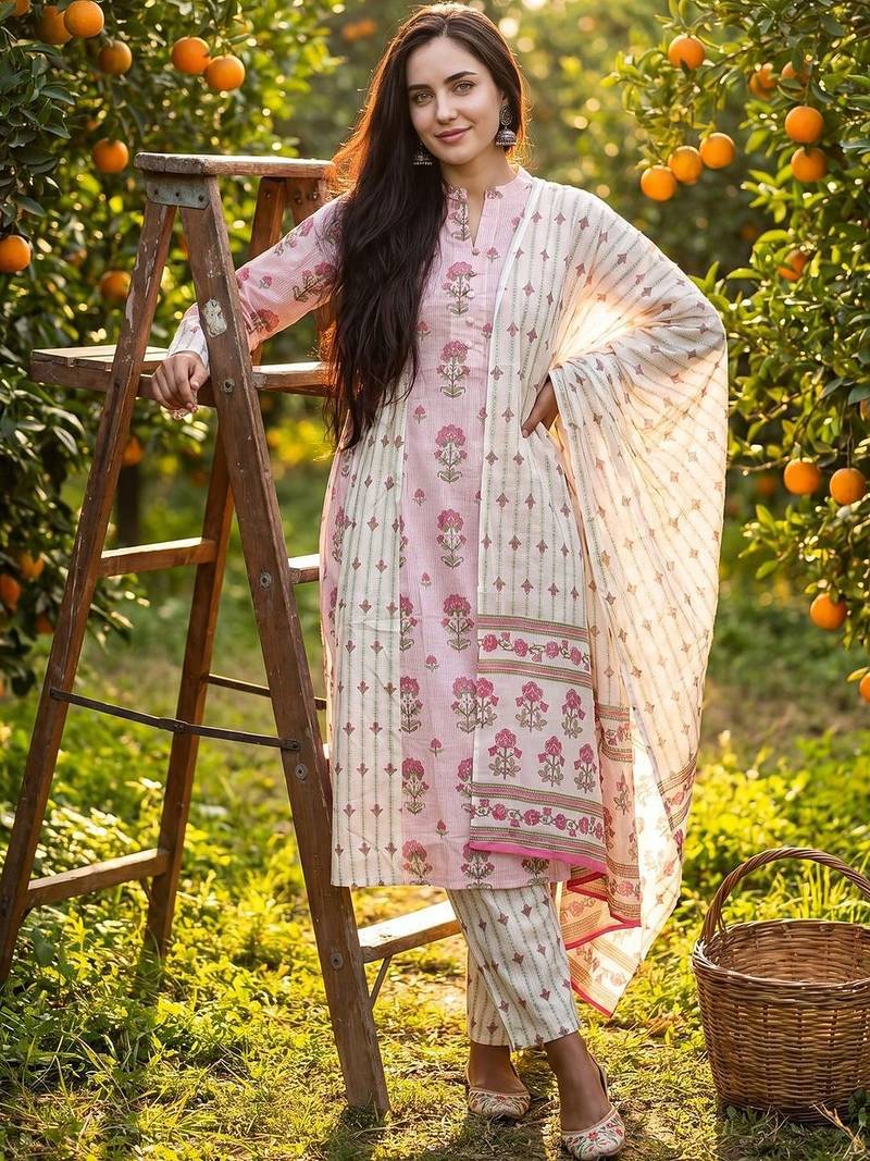 Women Floral Printed Regular Beads and Stones Pure Cotton Kurta with Trousers & With Dupatta