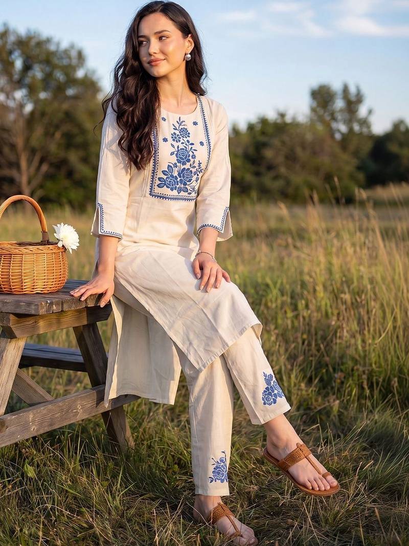Women Floral Embroidered Regular Thread Work Pure Cotton Kurta with Trousers