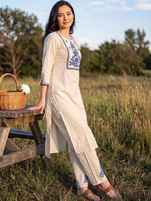 Women Floral Embroidered Regular Thread Work Pure Cotton Kurta with Trousers 4