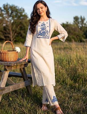 Women Floral Embroidered Regular Thread Work Pure Cotton Kurta with Trousers 5