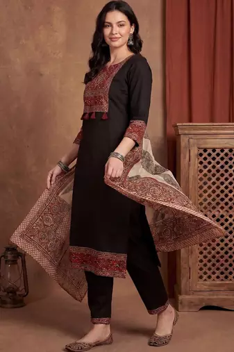 Women Ethnic Motifs Printed Regular Mirror Work Pure Cotton Kurta with Trousers & With Dupatta