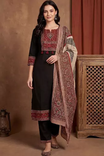 Women Ethnic Motifs Printed Regular Mirror Work Pure Cotton Kurta with Trousers & With Dupatta