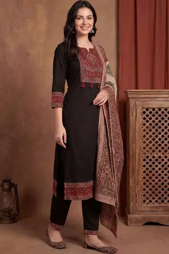 Women Ethnic Motifs Printed Regular Mirror Work Pure Cotton Kurta with Trousers & With Dupatta