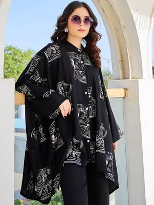 Women Geometric Printed Mandarin Collar Regular Kaftan Kurta with Trousers 6