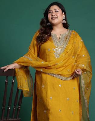 Plus Size Mustard Embroidered Straight Kurta Trousers With Dupatta Set 1