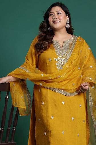 Plus Size Mustard Embroidered Straight Kurta Trousers With Dupatta Set