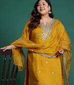 Plus Size Mustard Embroidered Straight Kurta Trousers With Dupatta Set