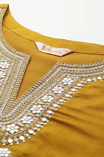 Plus Size Mustard Embroidered Straight Kurta Trousers With Dupatta Set