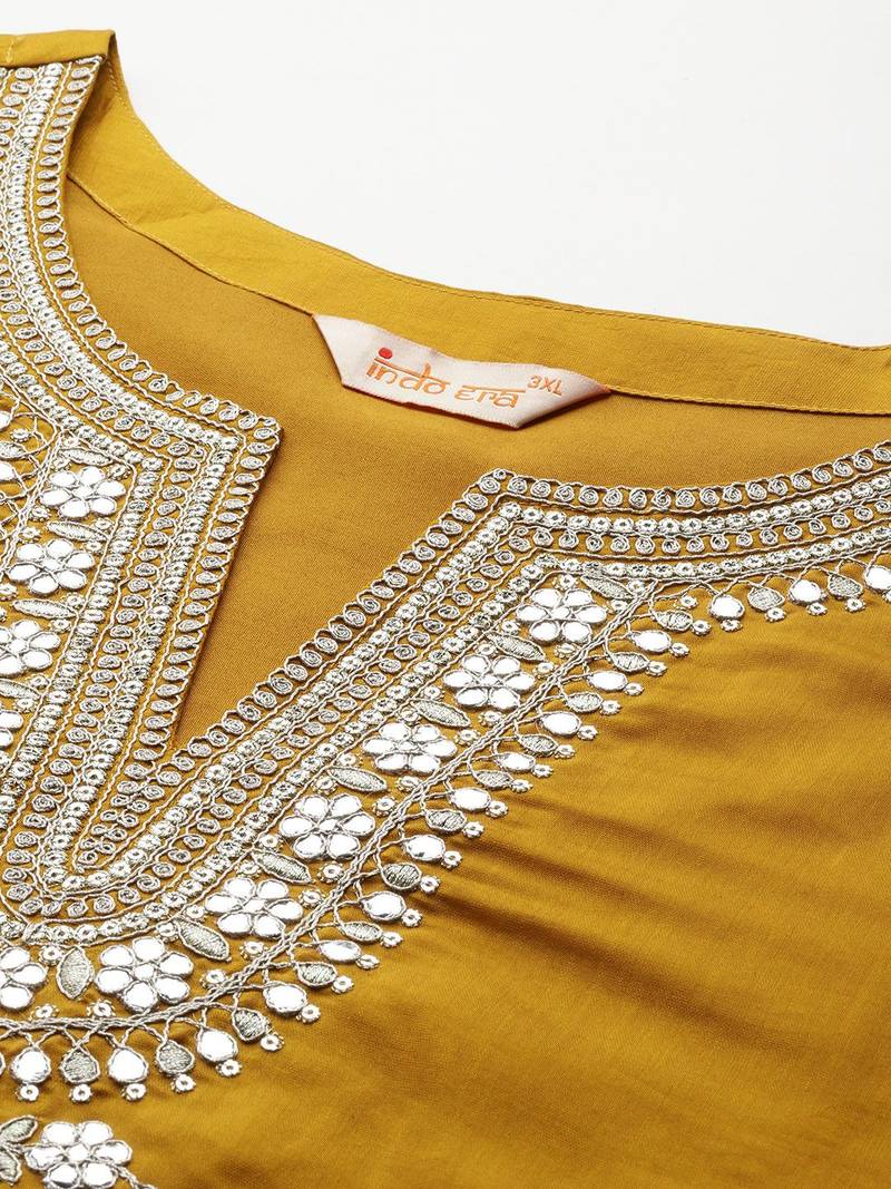 Plus Size Mustard Embroidered Straight Kurta Trousers With Dupatta Set