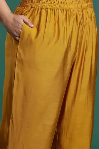 Plus Size Mustard Embroidered Straight Kurta Trousers With Dupatta Set