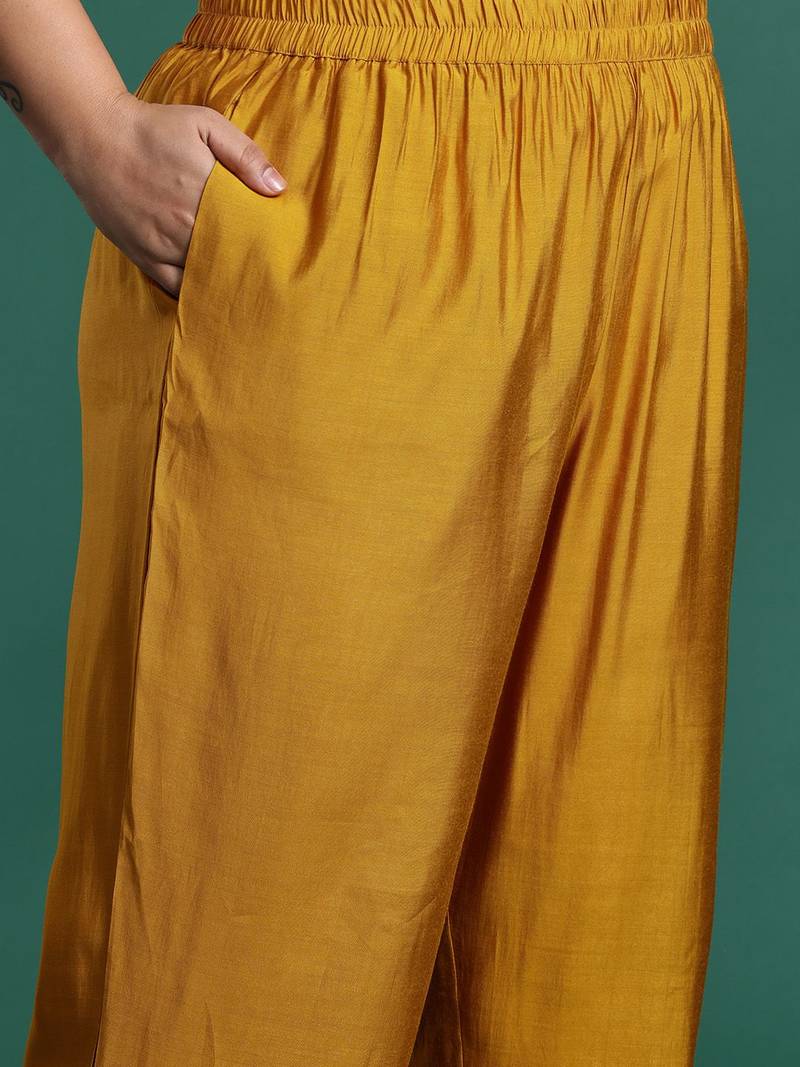 Plus Size Mustard Embroidered Straight Kurta Trousers With Dupatta Set