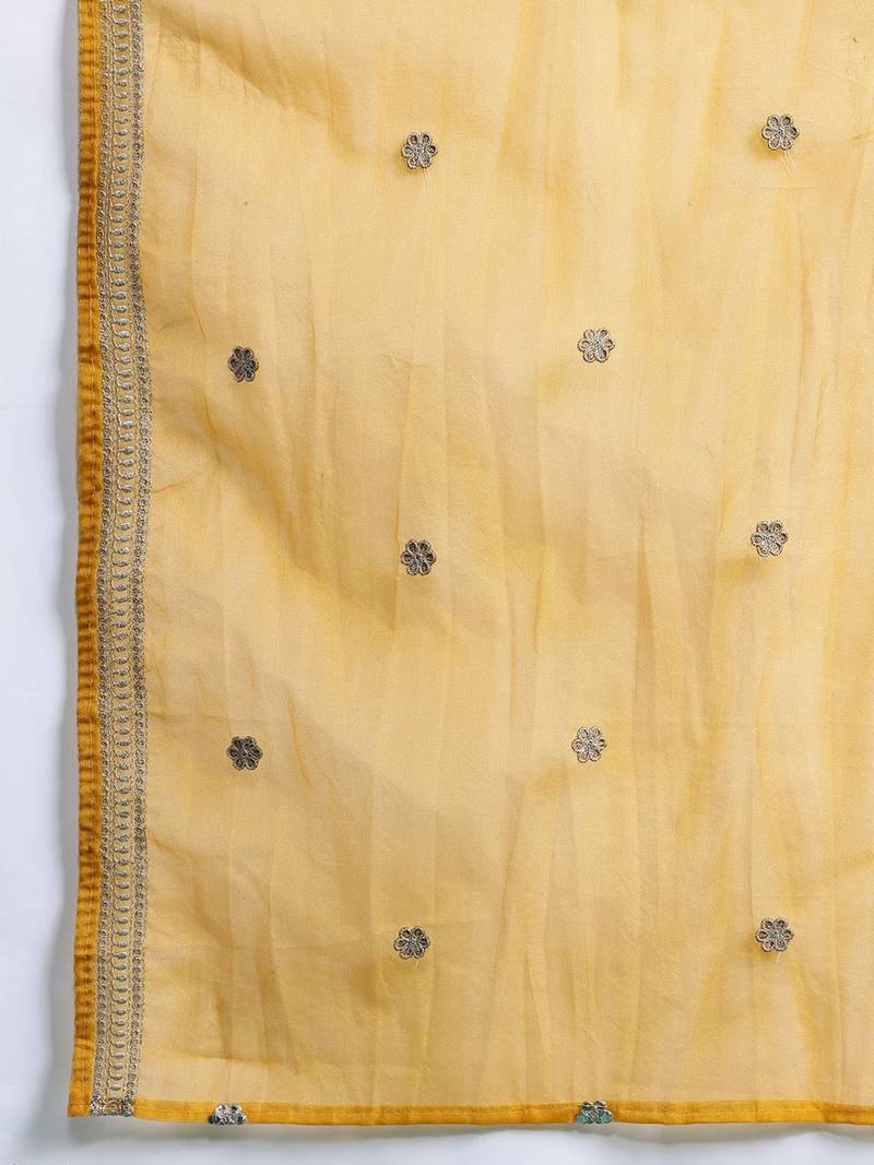 Plus Size Mustard Embroidered Straight Kurta Trousers With Dupatta Set