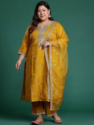 Plus Size Mustard Embroidered Straight Kurta Trousers With Dupatta Set 5