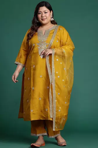 Plus Size Mustard Embroidered Straight Kurta Trousers With Dupatta Set