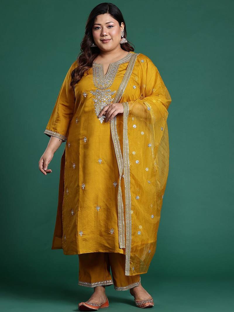 Plus Size Mustard Embroidered Straight Kurta Trousers With Dupatta Set