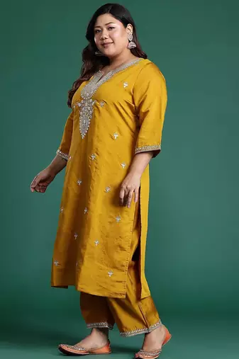 Plus Size Mustard Embroidered Straight Kurta Trousers With Dupatta Set