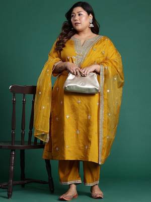 Plus Size Mustard Embroidered Straight Kurta Trousers With Dupatta Set 7