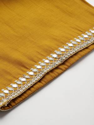 Plus Size Mustard Embroidered Straight Kurta Trousers With Dupatta Set 8