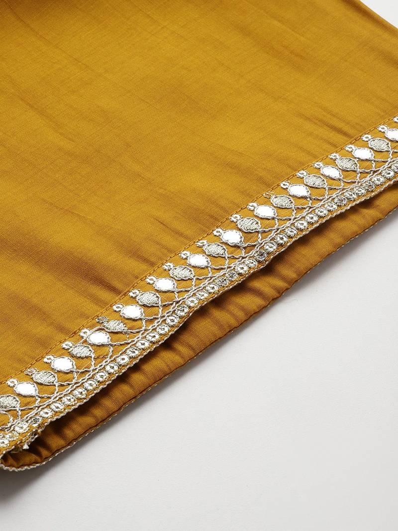 Plus Size Mustard Embroidered Straight Kurta Trousers With Dupatta Set
