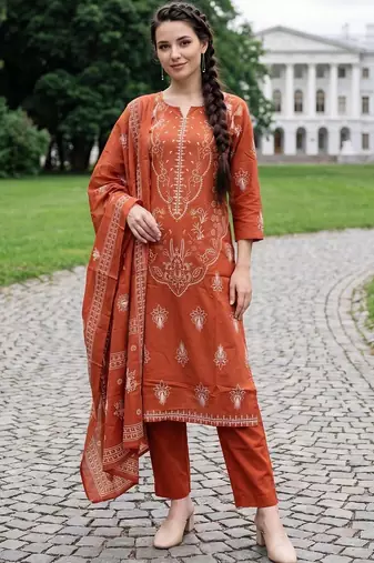 Women Ethnic Motifs Printed Regular Pure Cotton Kurta with Trousers & With Dupatta