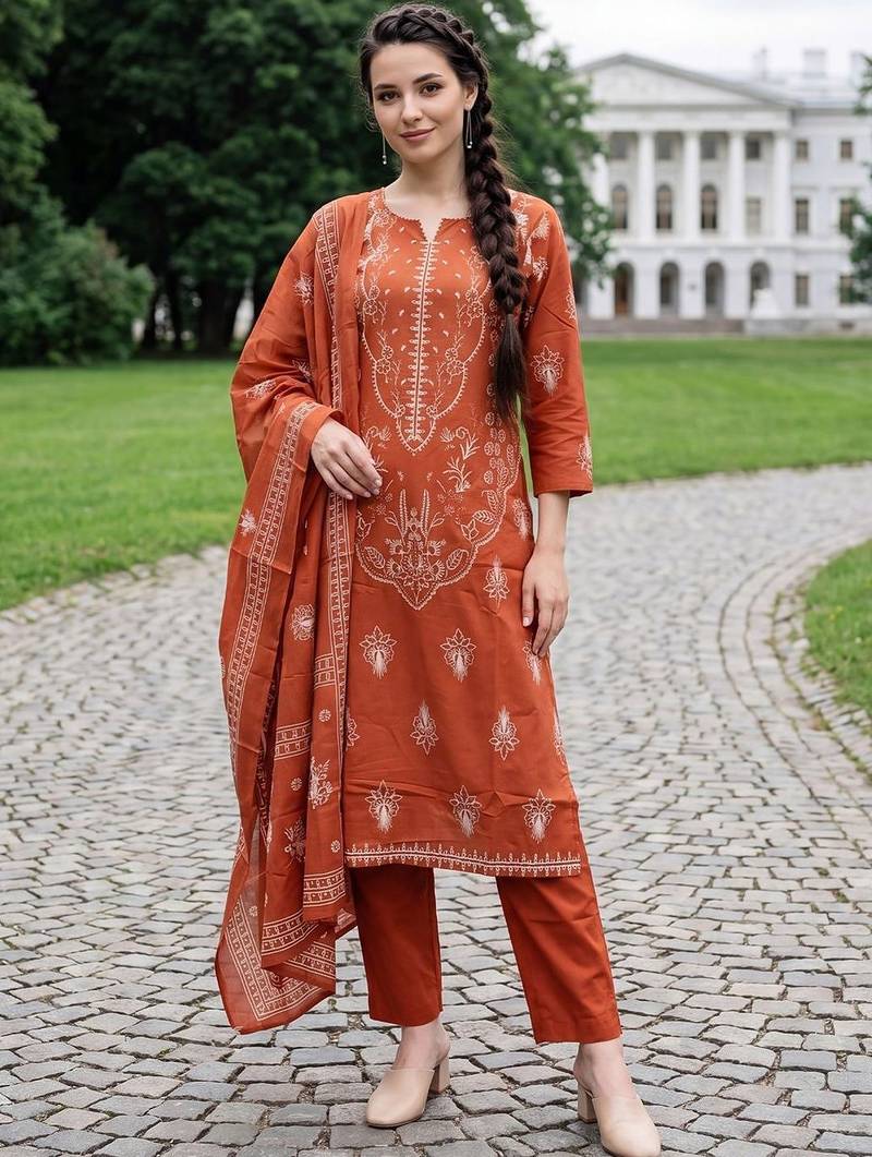 Women Ethnic Motifs Printed Regular Pure Cotton Kurta with Trousers & With Dupatta