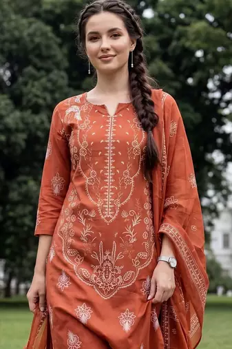 Women Ethnic Motifs Printed Regular Pure Cotton Kurta with Trousers & With Dupatta