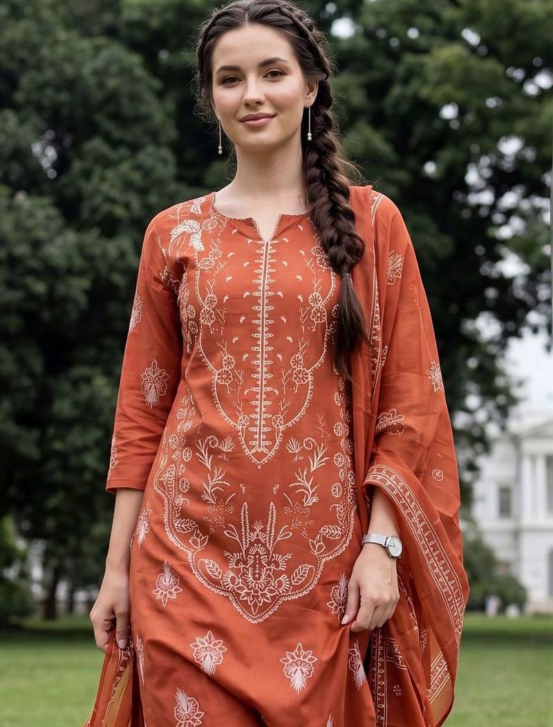 Women Ethnic Motifs Printed Regular Pure Cotton Kurta with Trousers & With Dupatta