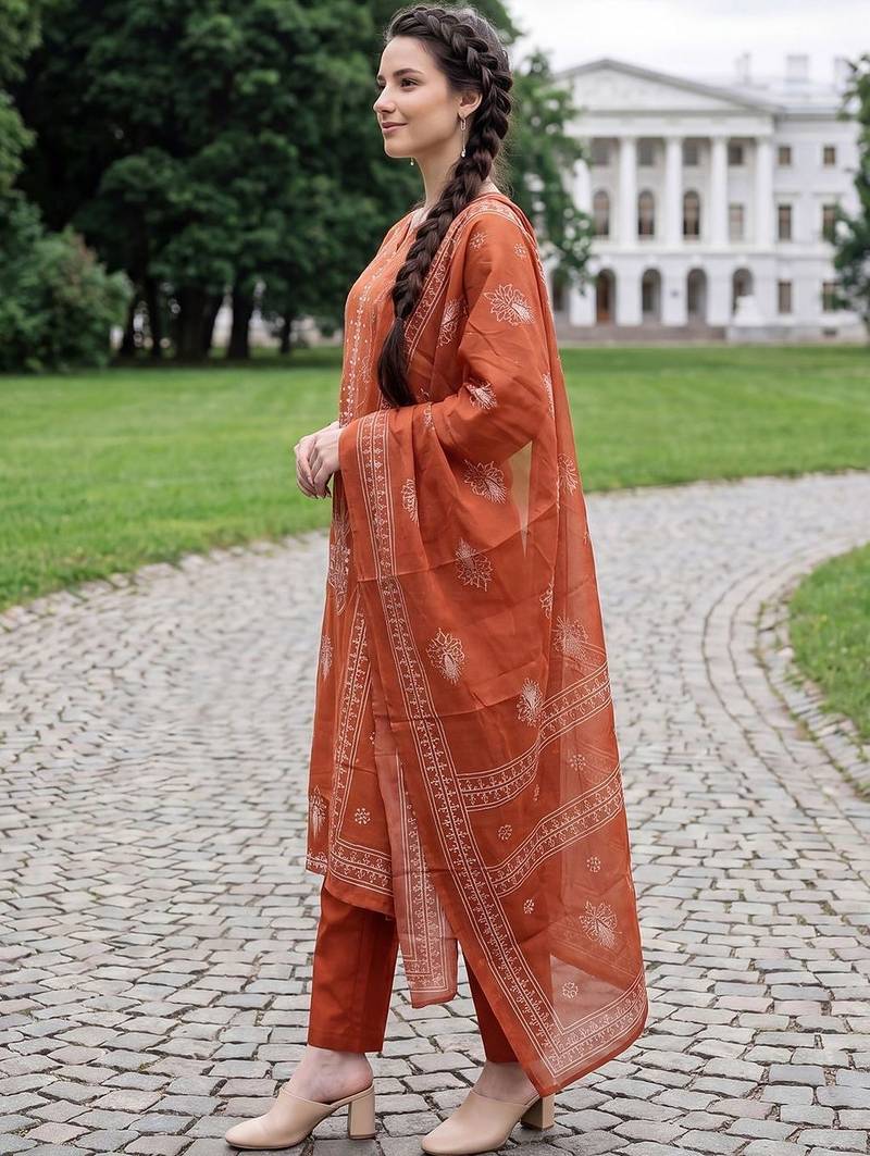 Women Ethnic Motifs Printed Regular Pure Cotton Kurta with Trousers & With Dupatta