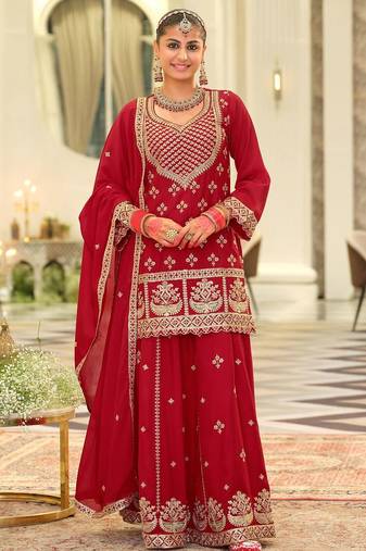 Ethnic Motifs Embroidered Kurta With Palazzos & Dupatta