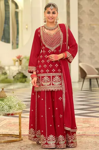 Ethnic Motifs Embroidered Kurta With Palazzos & Dupatta