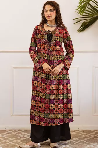 Women Printed Regular Beads and Stones Work Kurta with Palazzos