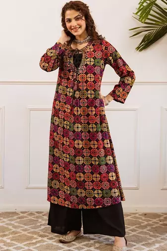 Women Printed Regular Beads and Stones Work Kurta with Palazzos
