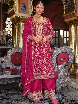 Ethnic Motifs Embroidered Zari V-Neck Straight Kurta & Palazzos With Dupatta 1