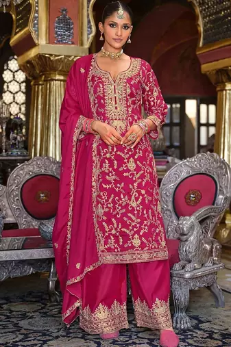 Ethnic Motifs Embroidered Zari V-Neck Straight Kurta & Palazzos With Dupatta