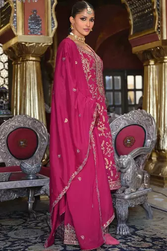 Ethnic Motifs Embroidered Zari V-Neck Straight Kurta & Palazzos With Dupatta