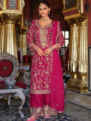 Ethnic Motifs Embroidered Zari V-Neck Straight Kurta & Palazzos With Dupatta 5