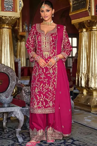Ethnic Motifs Embroidered Zari V-Neck Straight Kurta & Palazzos With Dupatta