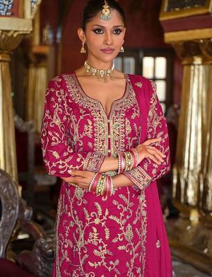 Ethnic Motifs Embroidered Zari V-Neck Straight Kurta & Palazzos With Dupatta 6