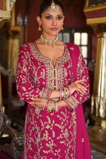 Ethnic Motifs Embroidered Zari V-Neck Straight Kurta & Palazzos With Dupatta