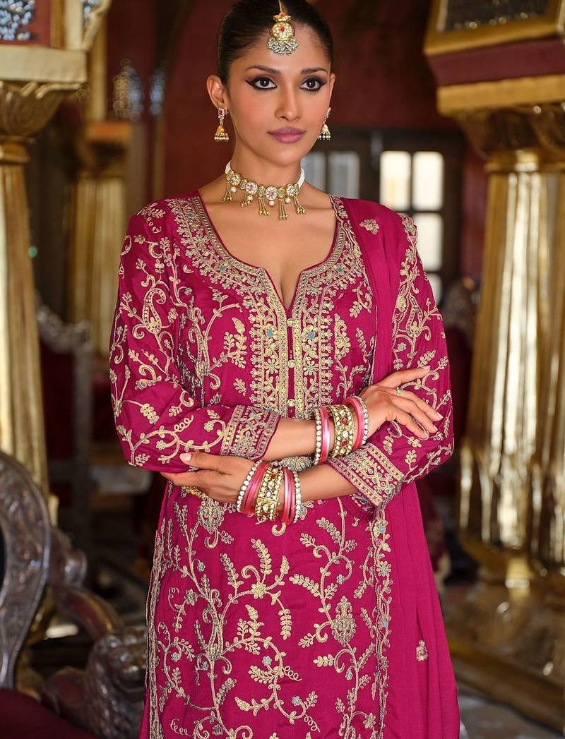 Ethnic Motifs Embroidered Zari V-Neck Straight Kurta & Palazzos With Dupatta