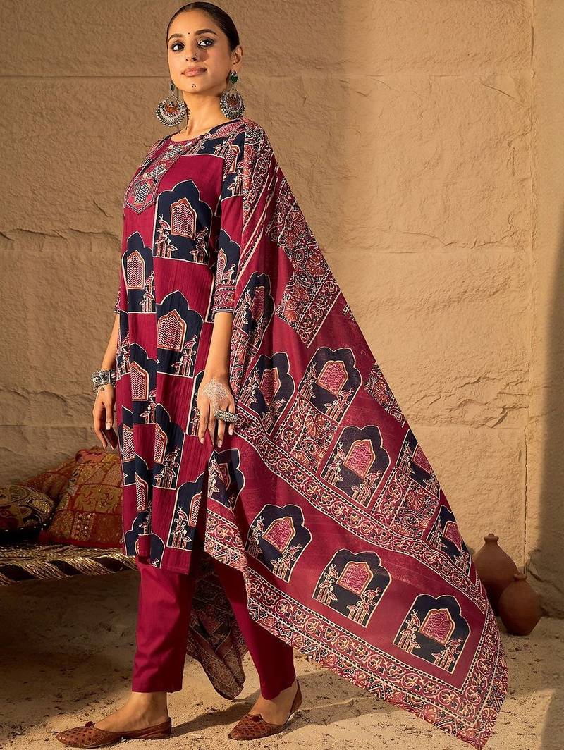 Women Ethnic Motifs Printed Pure Cotton Kurta Trousers & With Dupatta Kurta Sets