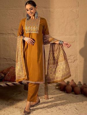 Floral Embroidered Mirror Work Pure Cotton Kurta With Trousers & Dupatta 1