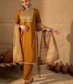 Floral Embroidered Mirror Work Pure Cotton Kurta With Trousers & Dupatta