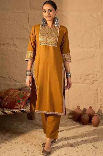 Floral Embroidered Mirror Work Pure Cotton Kurta With Trousers & Dupatta