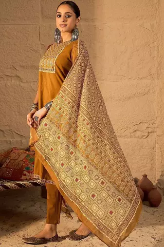 Floral Embroidered Mirror Work Pure Cotton Kurta With Trousers & Dupatta